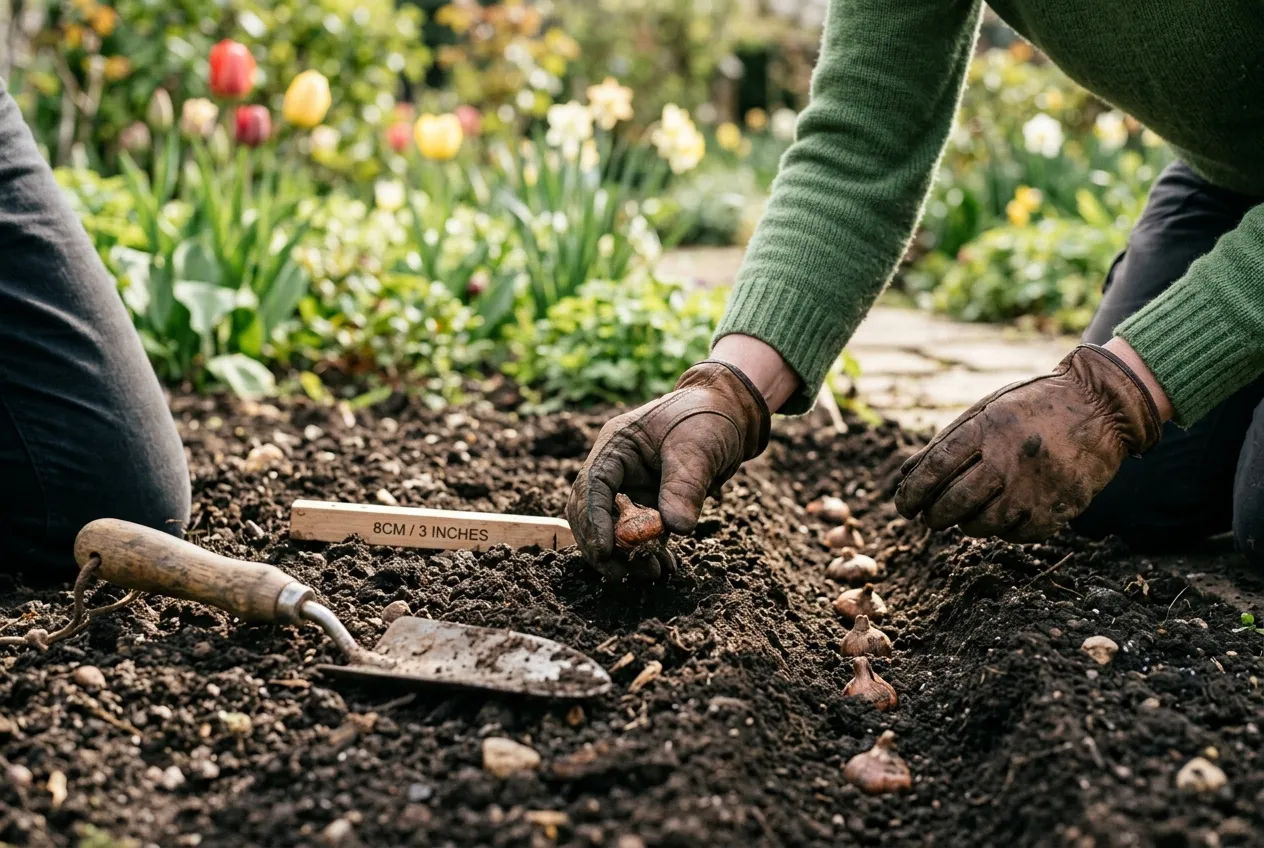 Crocosmia corms being planted in spring in a UK garden, hands placing corms into well-prepared soil