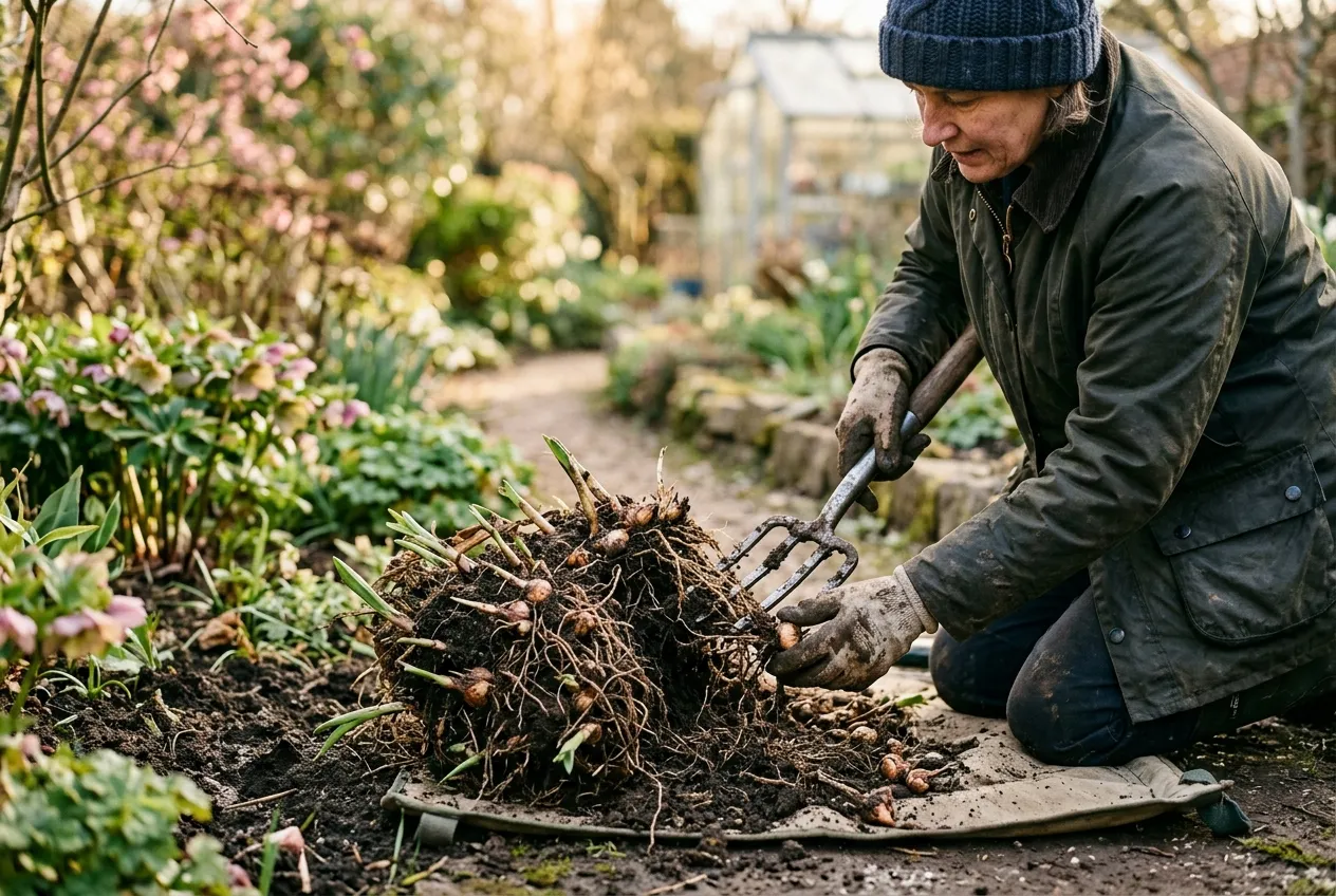 Gardener dividing an established crocosmia clump in early spring in a UK garden