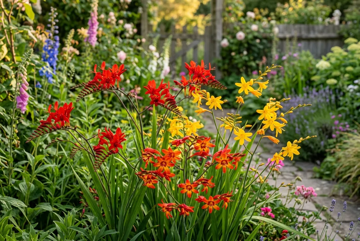 Mixed crocosmia varieties growing together in a UK cottage garden border
