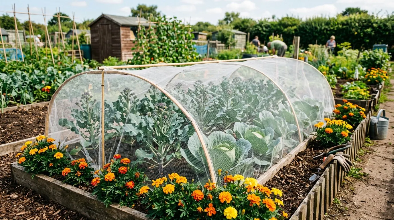 A crop rotation brassica bed in summer with cabbages, kale, and sprouting broccoli growing in rows