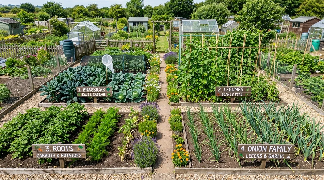 Diagram of a four-bed rotation layout showing different vegetable families in each bed