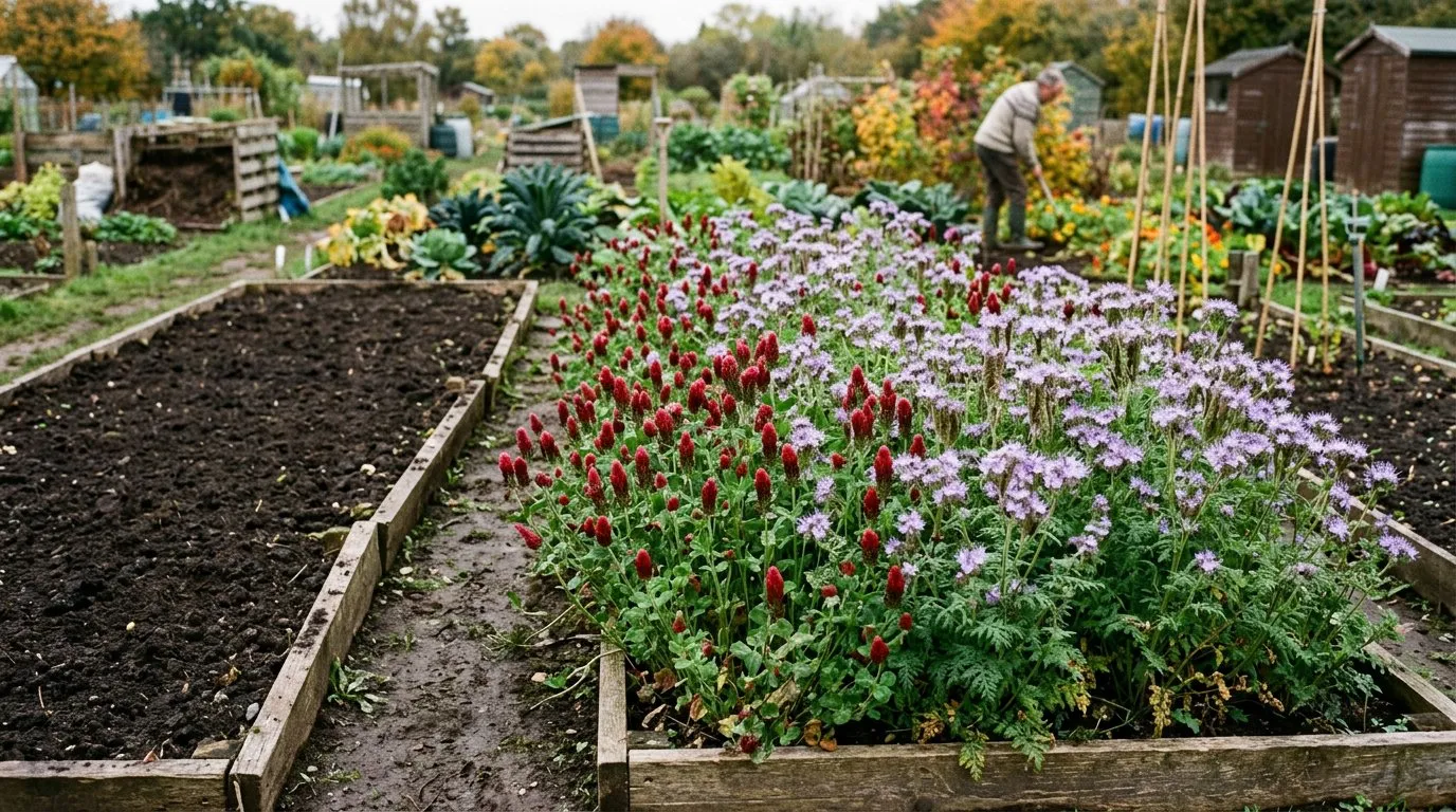A green manure cover crop growing as part of crop rotation on an empty vegetable bed in autumn