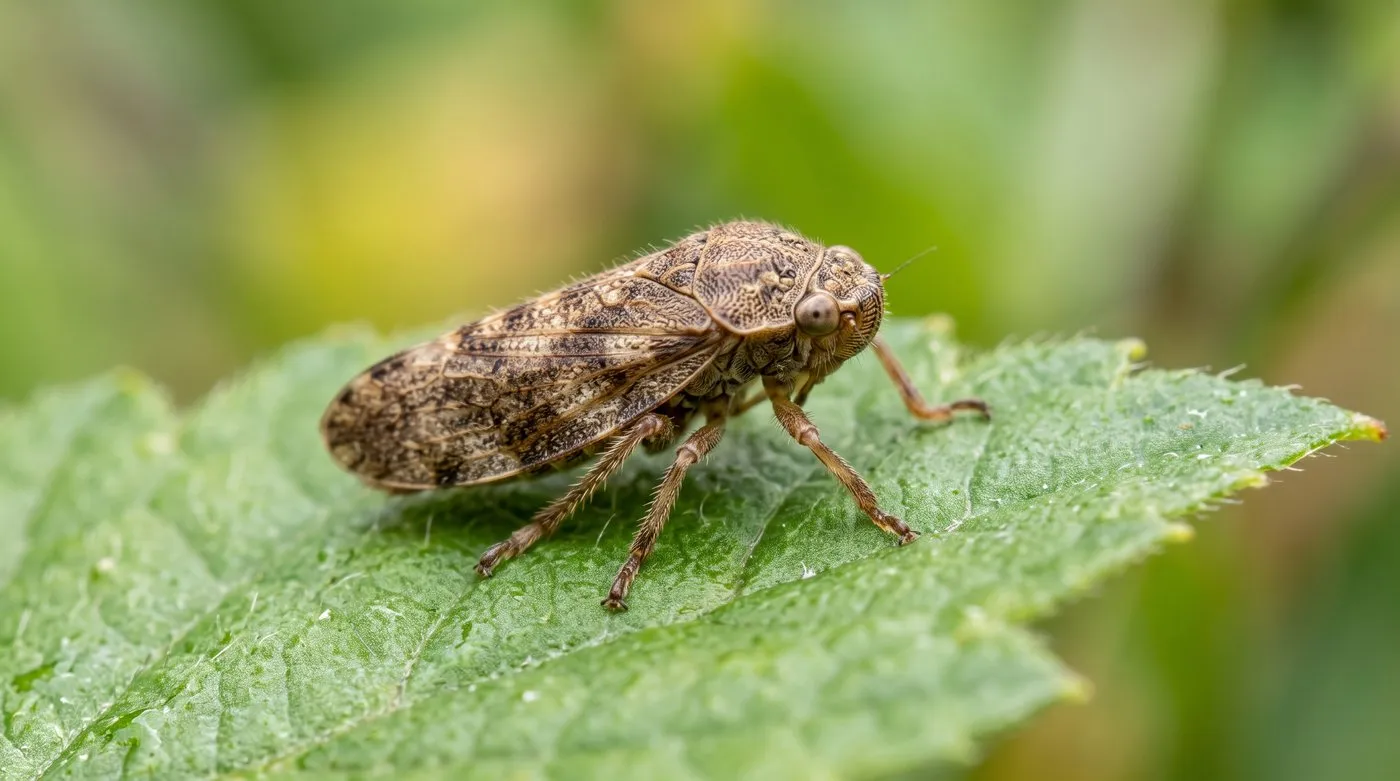 A single 6mm adult common froghopper, mottled brown, resting on a green leaf in a UK garden