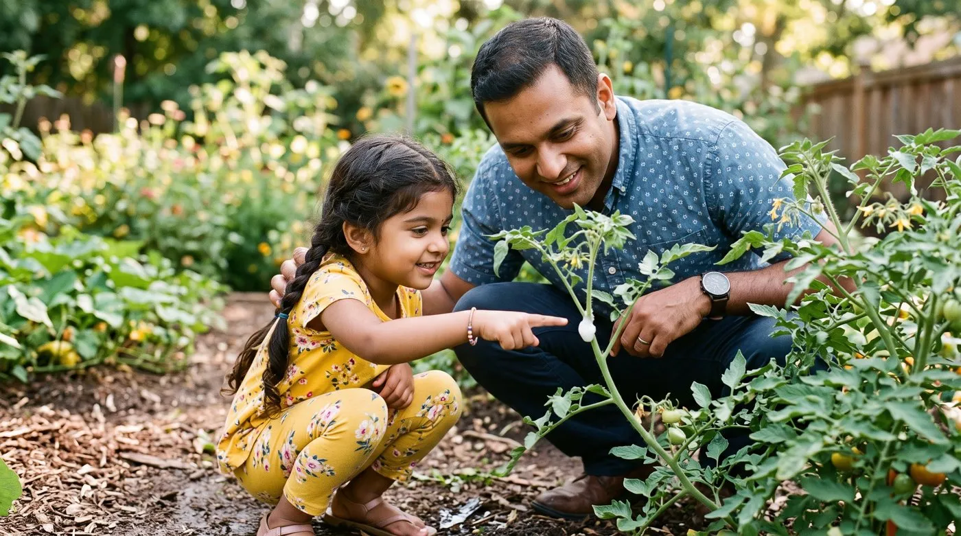 A young child pointing at a blob of white cuckoo spit froth on a garden plant with an adult beside them