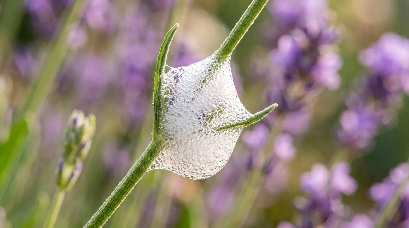White frothy cuckoo spit on a lavender stem in a UK garden made by a froghopper nymph