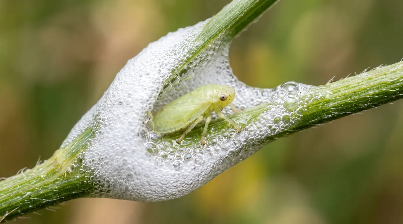 Close-up of white frothy cuckoo spit on a green stem with the froth parted to reveal the pale froghopper nymph inside