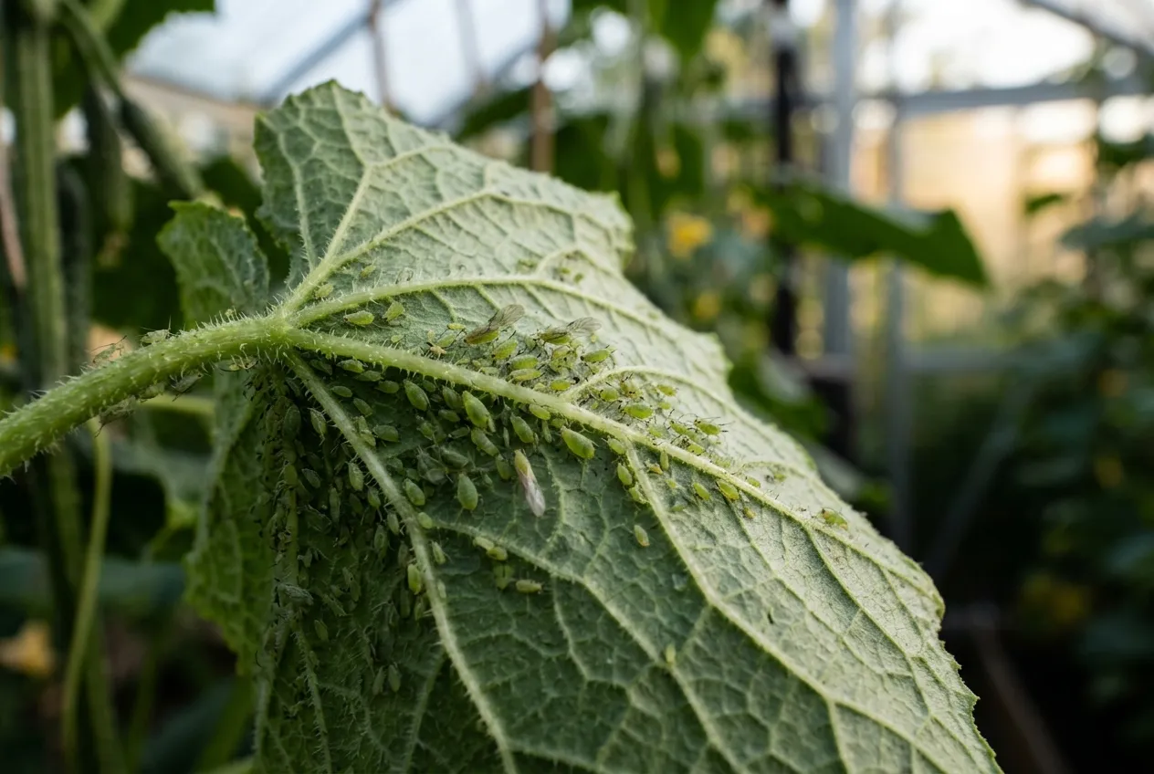 Close-up of aphids on the underside of a cucumber leaf transmitting cucumber mosaic virus