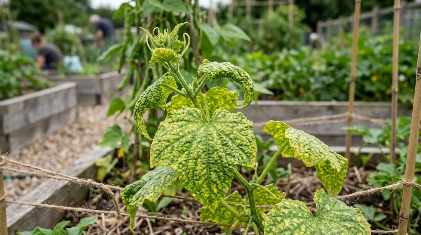 Cucumber mosaic virus symptoms showing mottled yellow-green leaves on cucumber plants in a UK allotment