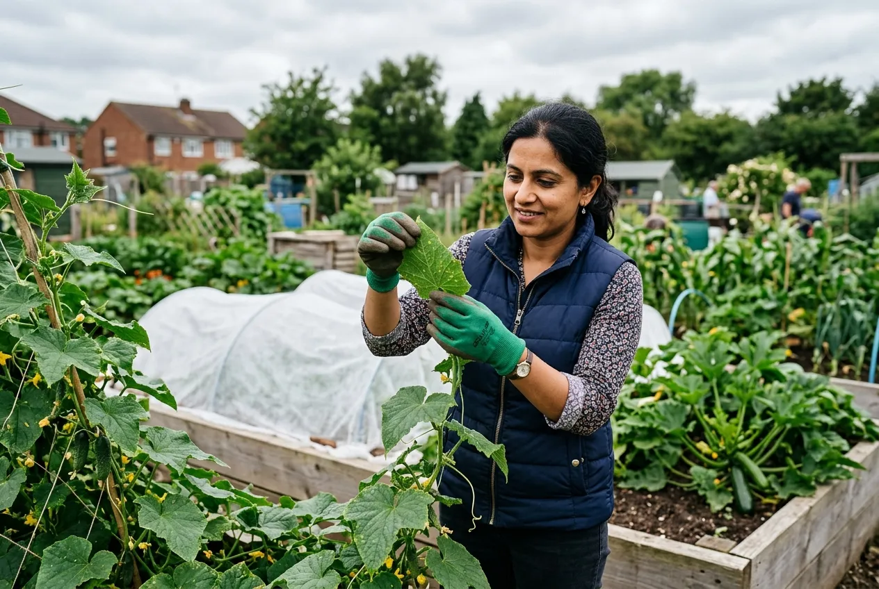 Indian British gardener inspecting cucumber plants for cucumber mosaic virus in a UK vegetable garden