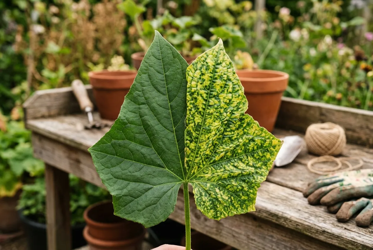 Cucumber mosaic virus symptom comparison showing healthy and infected leaves side by side