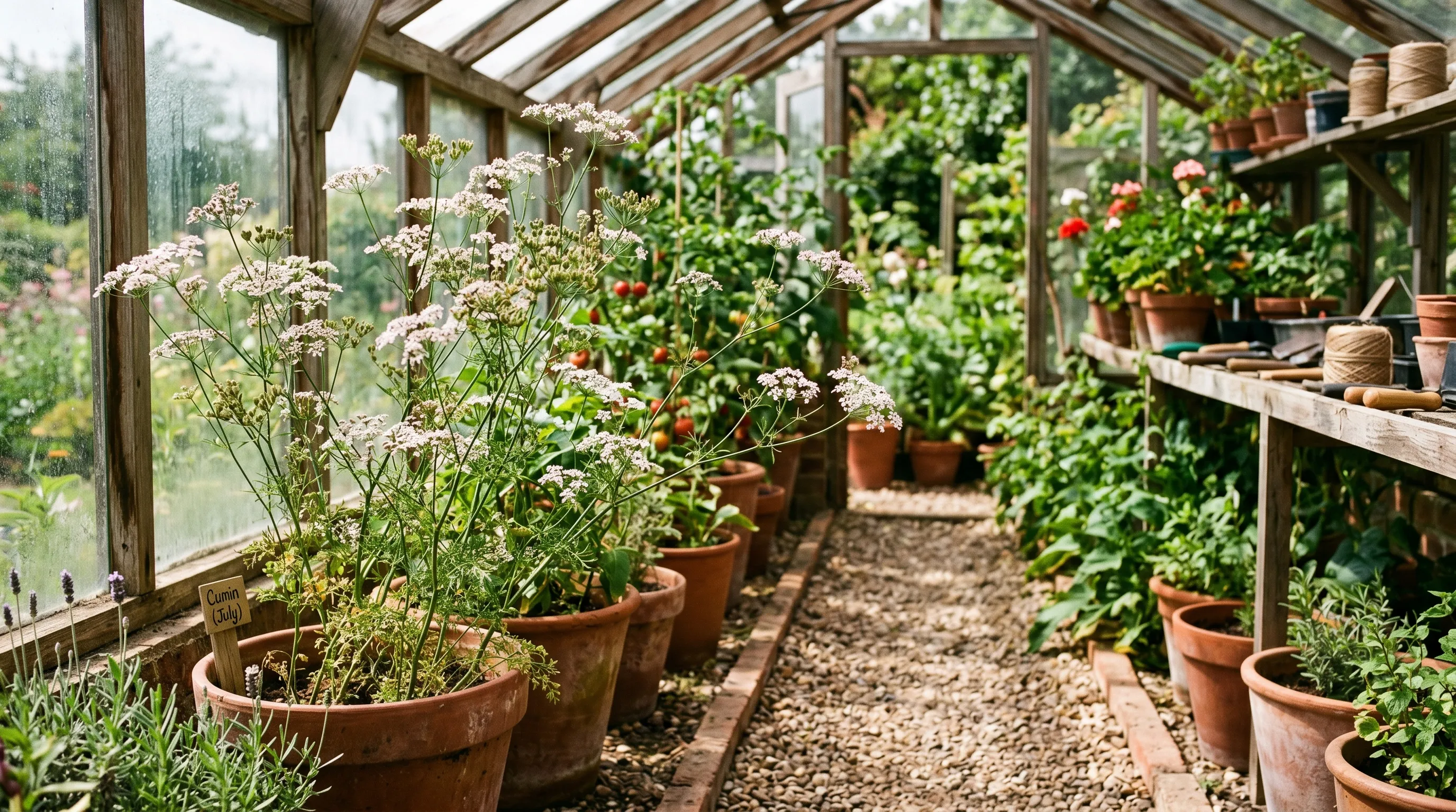 Cumin plants in flower with delicate white-pink umbels on tall thin stems in a UK south-facing greenhouse with terracotta pots and gravel paths visible in mid-July