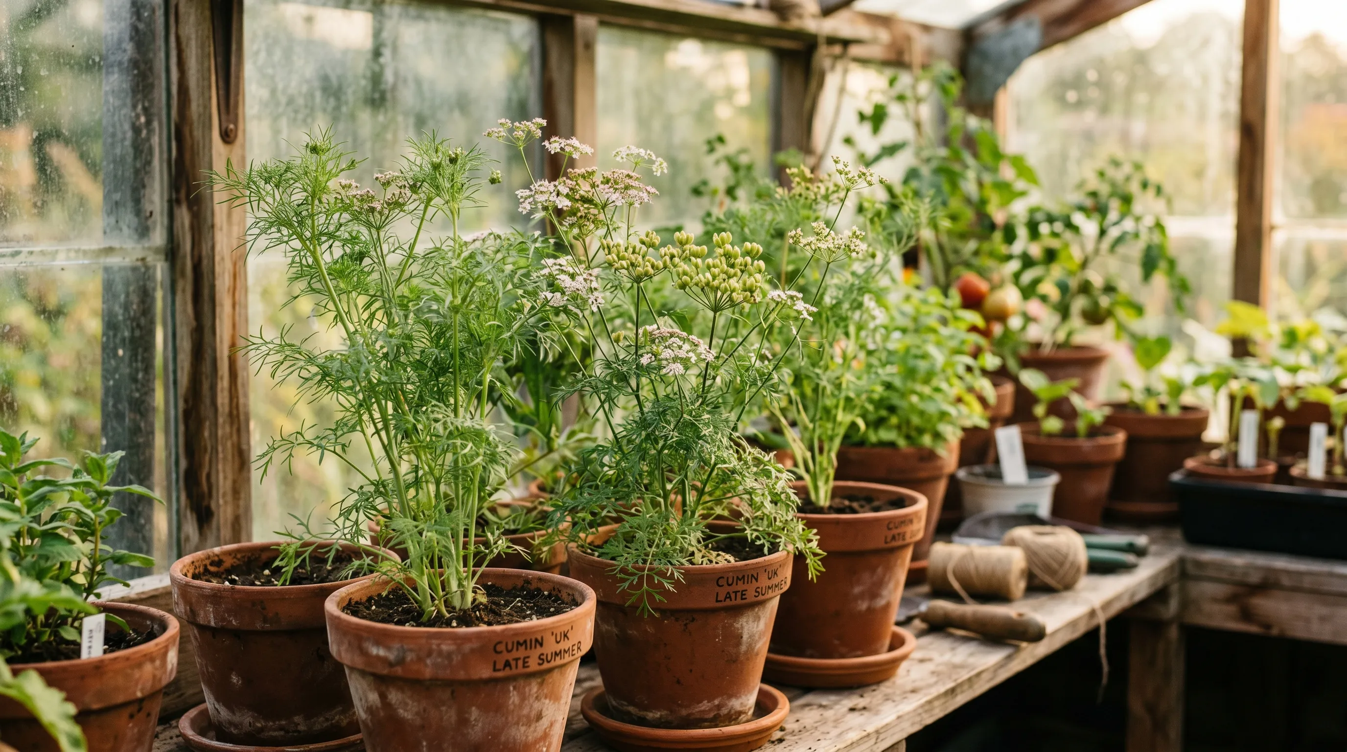 Cumin plants with delicate feathery foliage growing in terracotta pots in a sunny UK south-facing greenhouse with seed heads beginning to form in late summer
