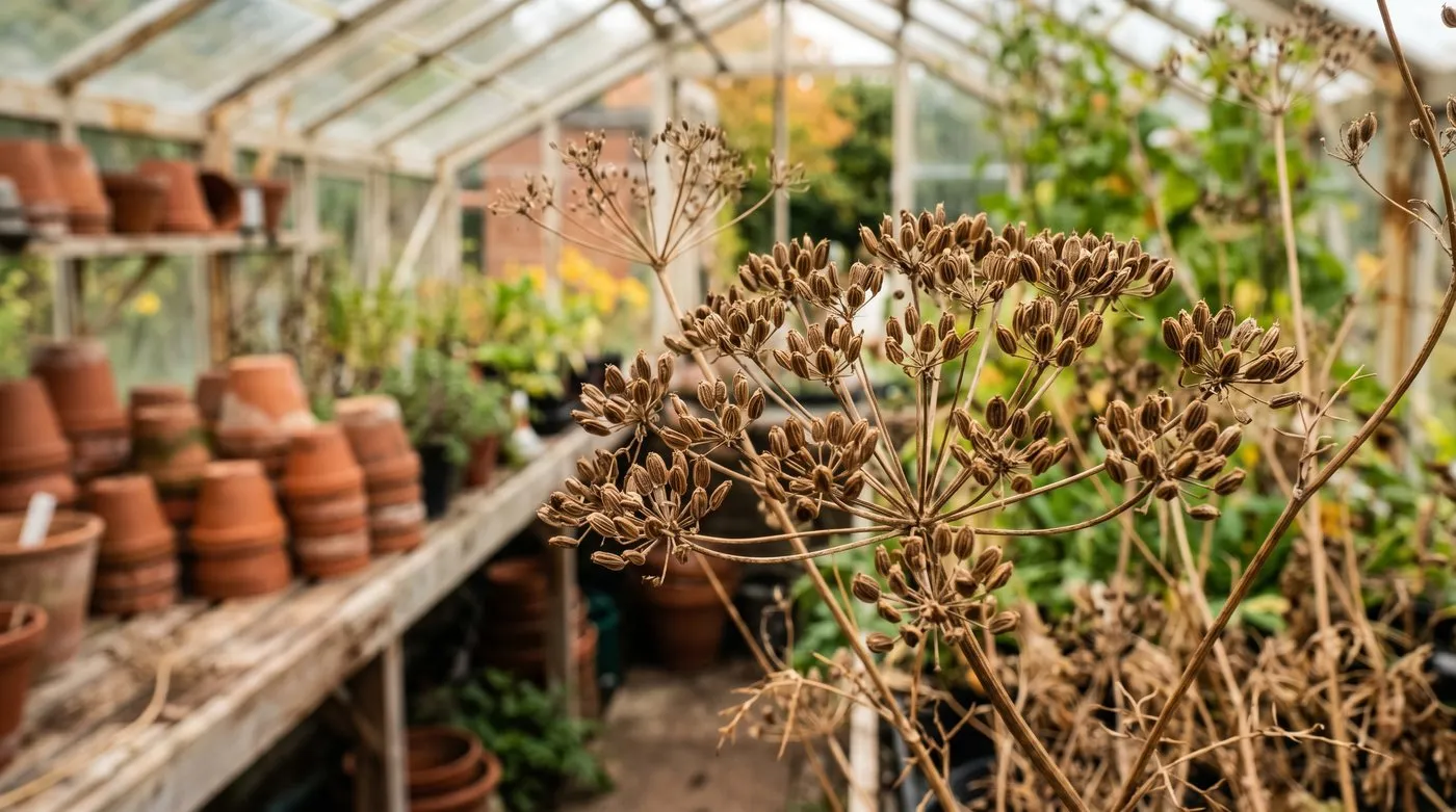 Close-up of dried cumin seed heads in late September with brown seeds visible inside the umbel structure ready for harvest in a UK greenhouse with terracotta pots in soft focus background