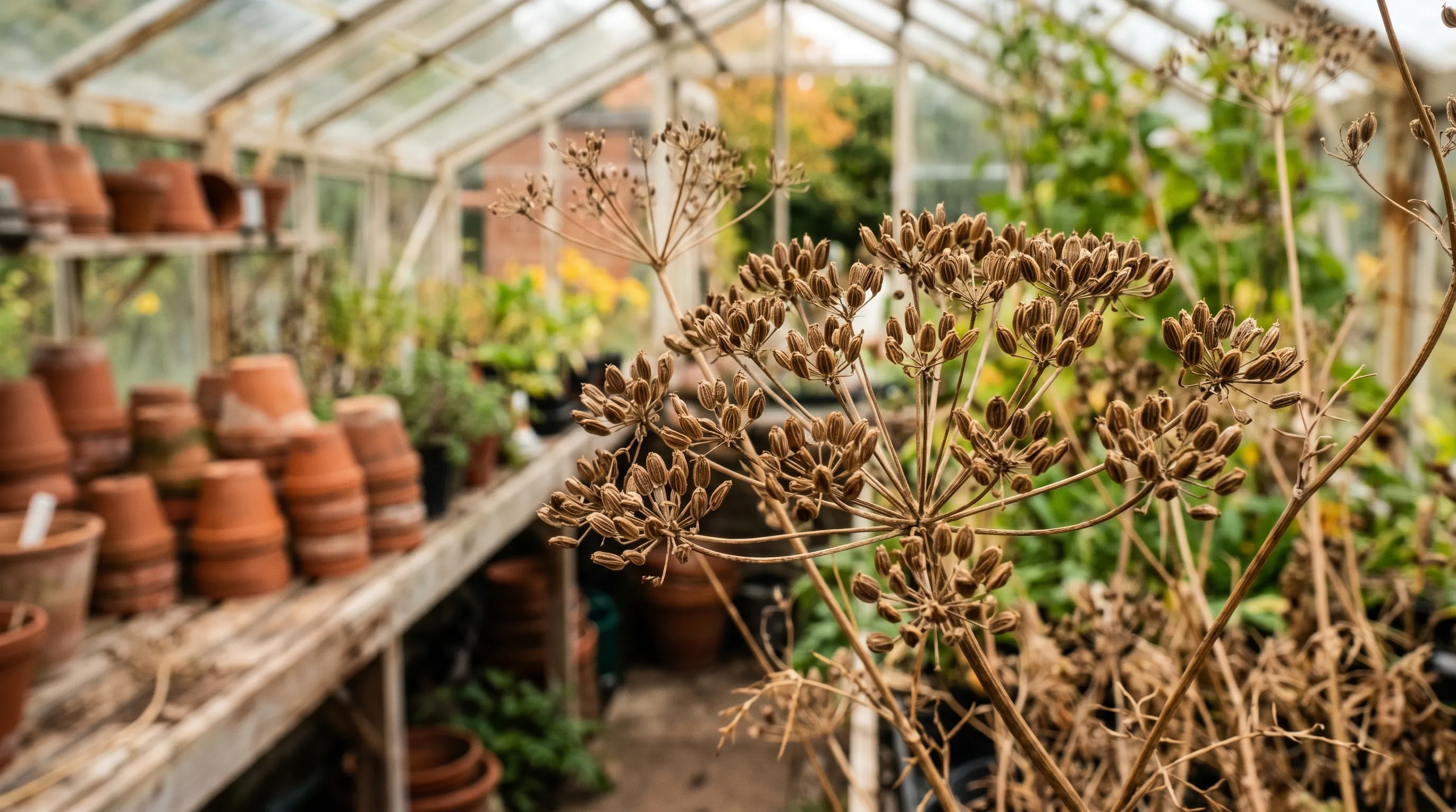 Close-up of dried cumin seed heads in late September with brown seeds visible inside the umbel structure ready for harvest in a UK greenhouse with terracotta pots in soft focus background