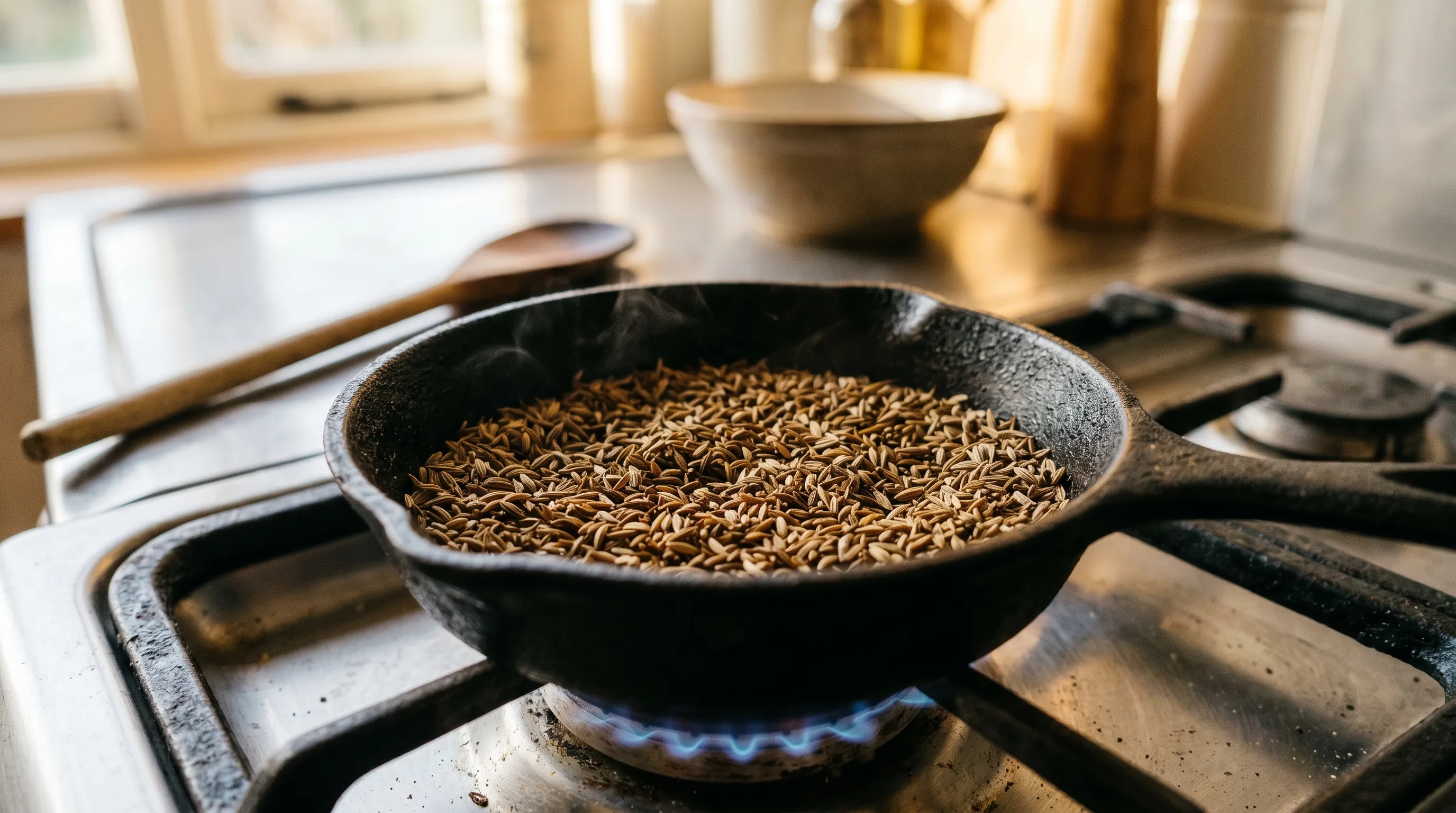 Close-up of dry-toasted home-grown cumin seeds in a small cast iron pan on a UK kitchen hob with the seeds darkening to release flavour ready for grinding