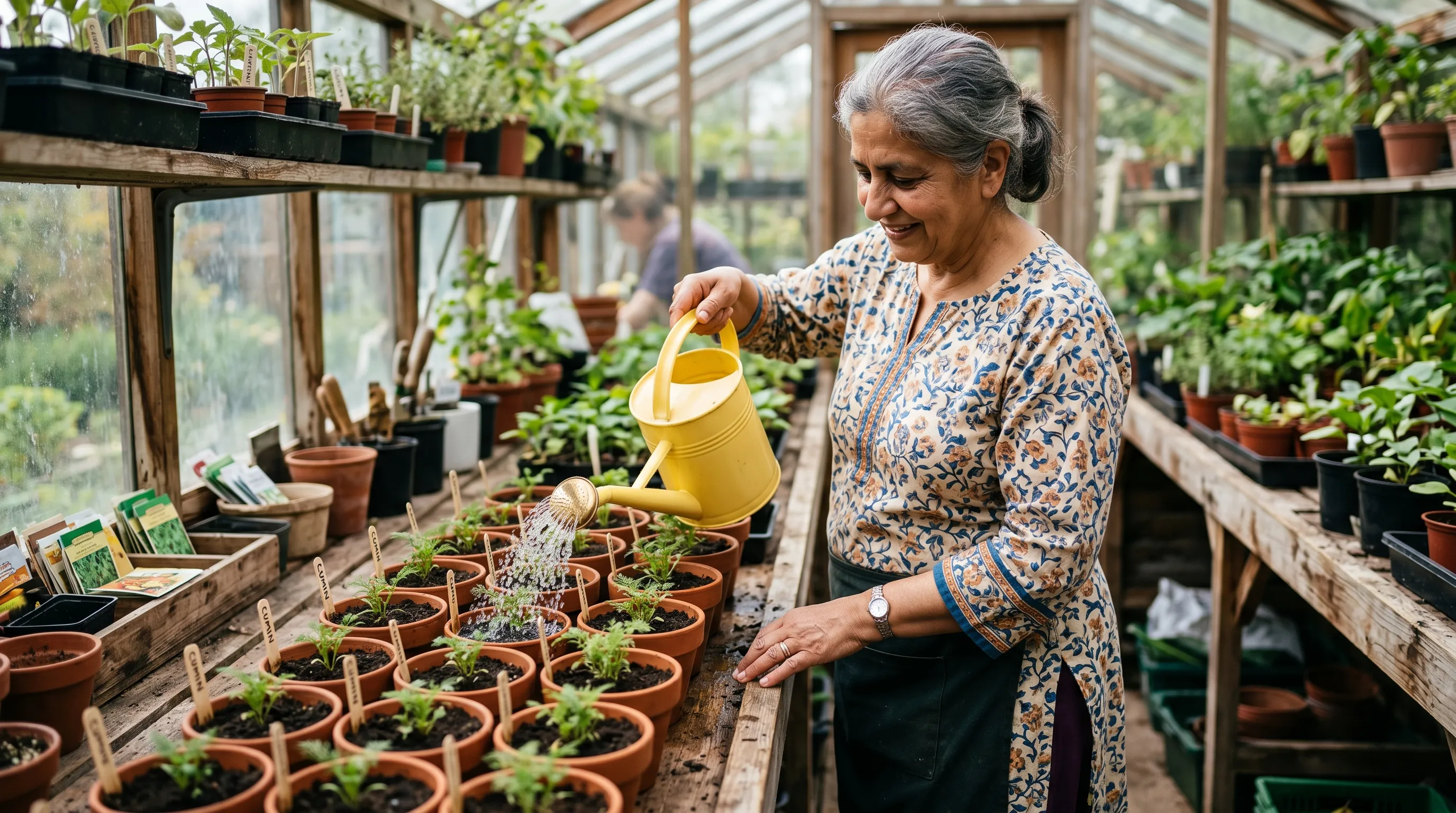 A UK gardener of Pakistani heritage wearing summer clothing watering young cumin plants in 15cm terracotta pots on a greenhouse bench in late spring with a yellow plastic watering can with a fine rose attachment