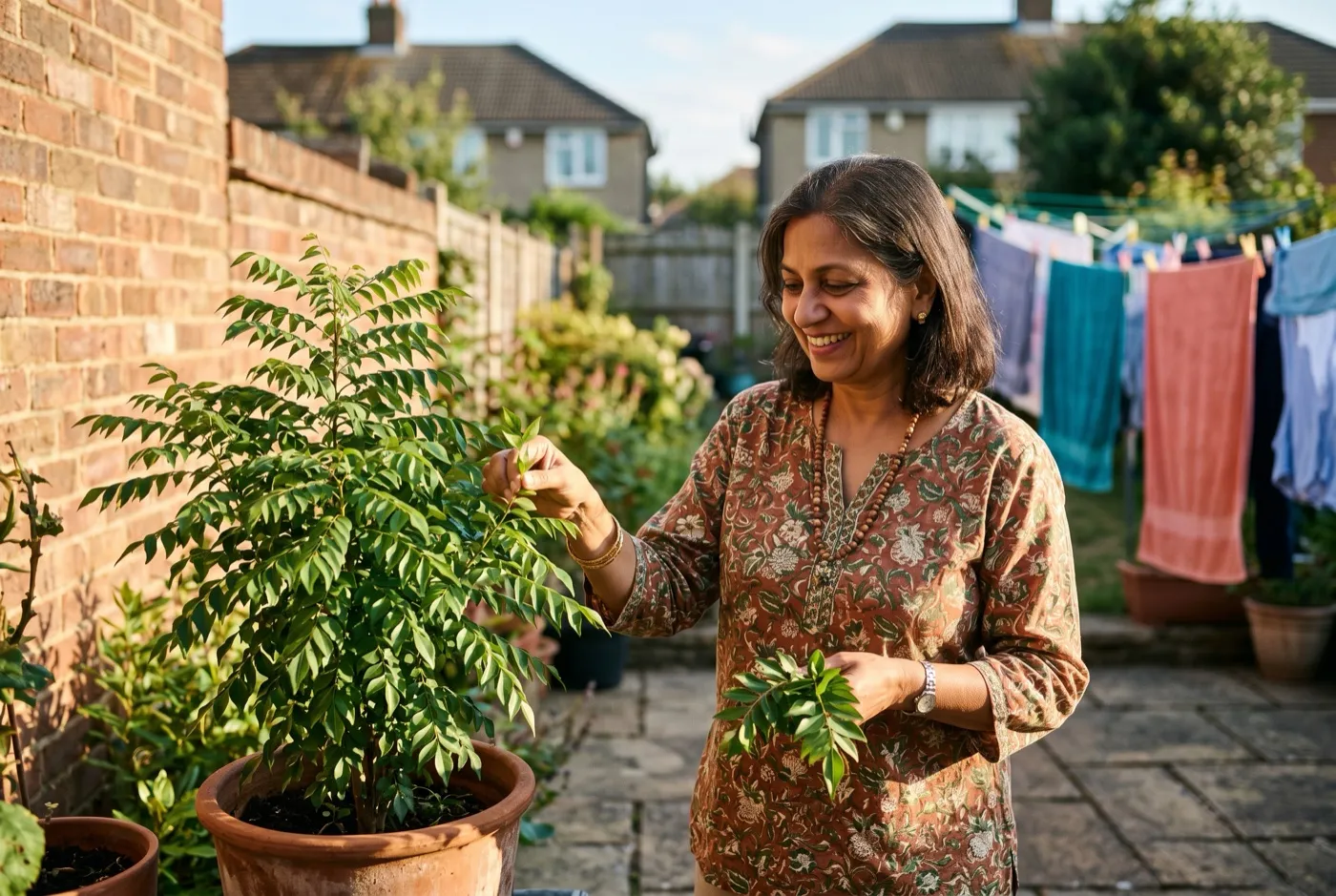 British Indian woman in her 50s picking curry leaf stems from a potted plant on a sunny UK patio