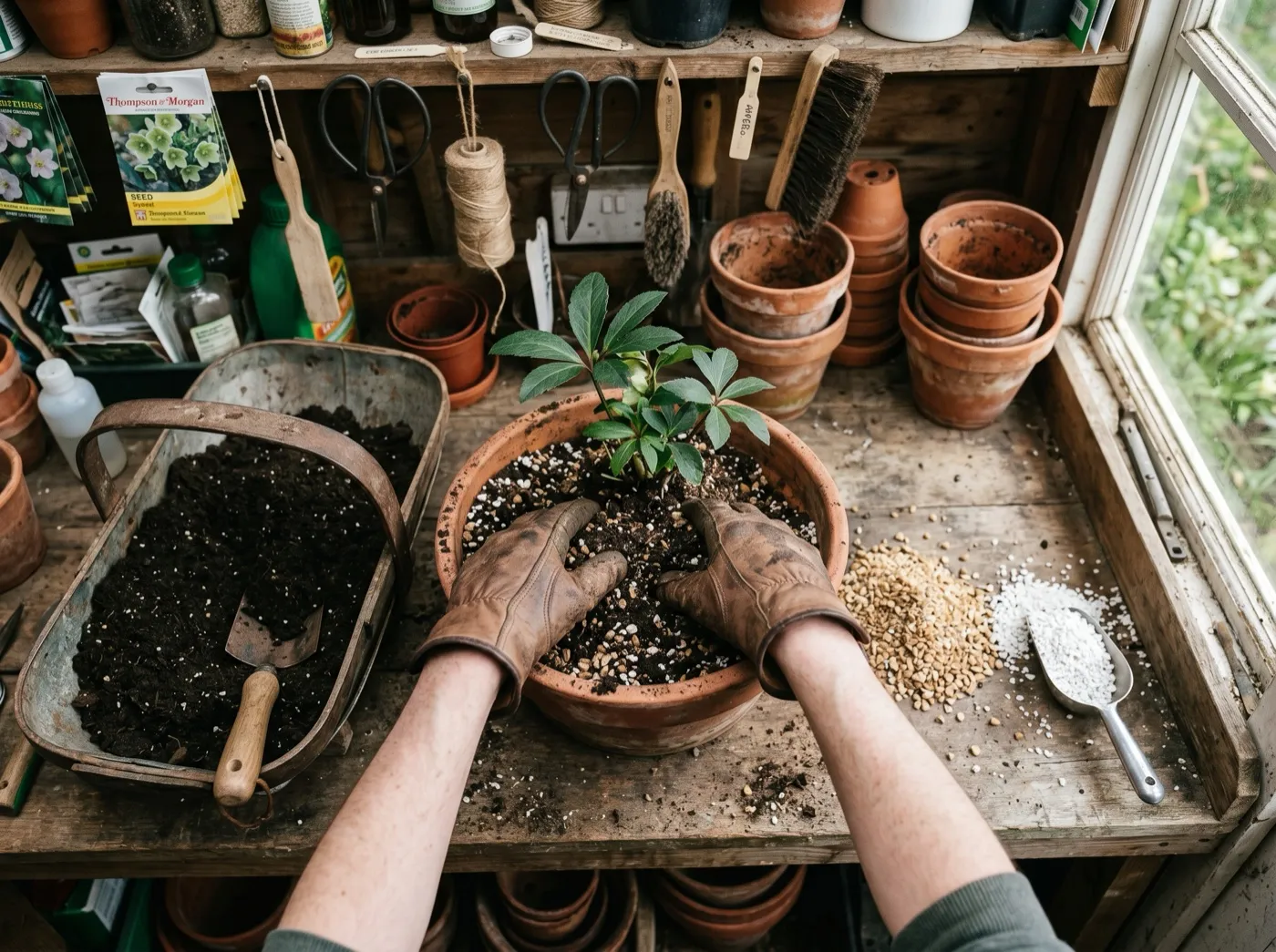 Repotting a curry leaf plant with separate piles of peat-free compost, grit and perlite on a potting bench