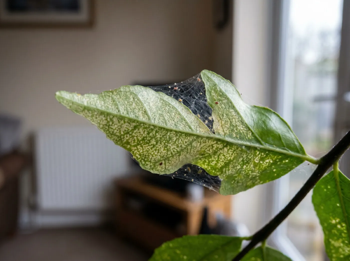 Fine spider mite webbing and pale stippling on the underside of curry leaf plant leaflets indoors