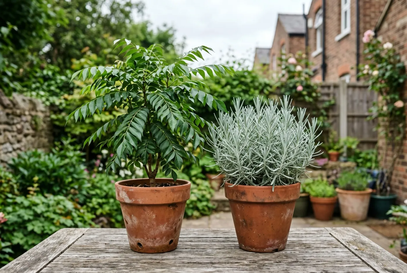Curry leaf plant with glossy green pinnate leaves beside a silver-leaved Helichrysum curry plant for comparison
