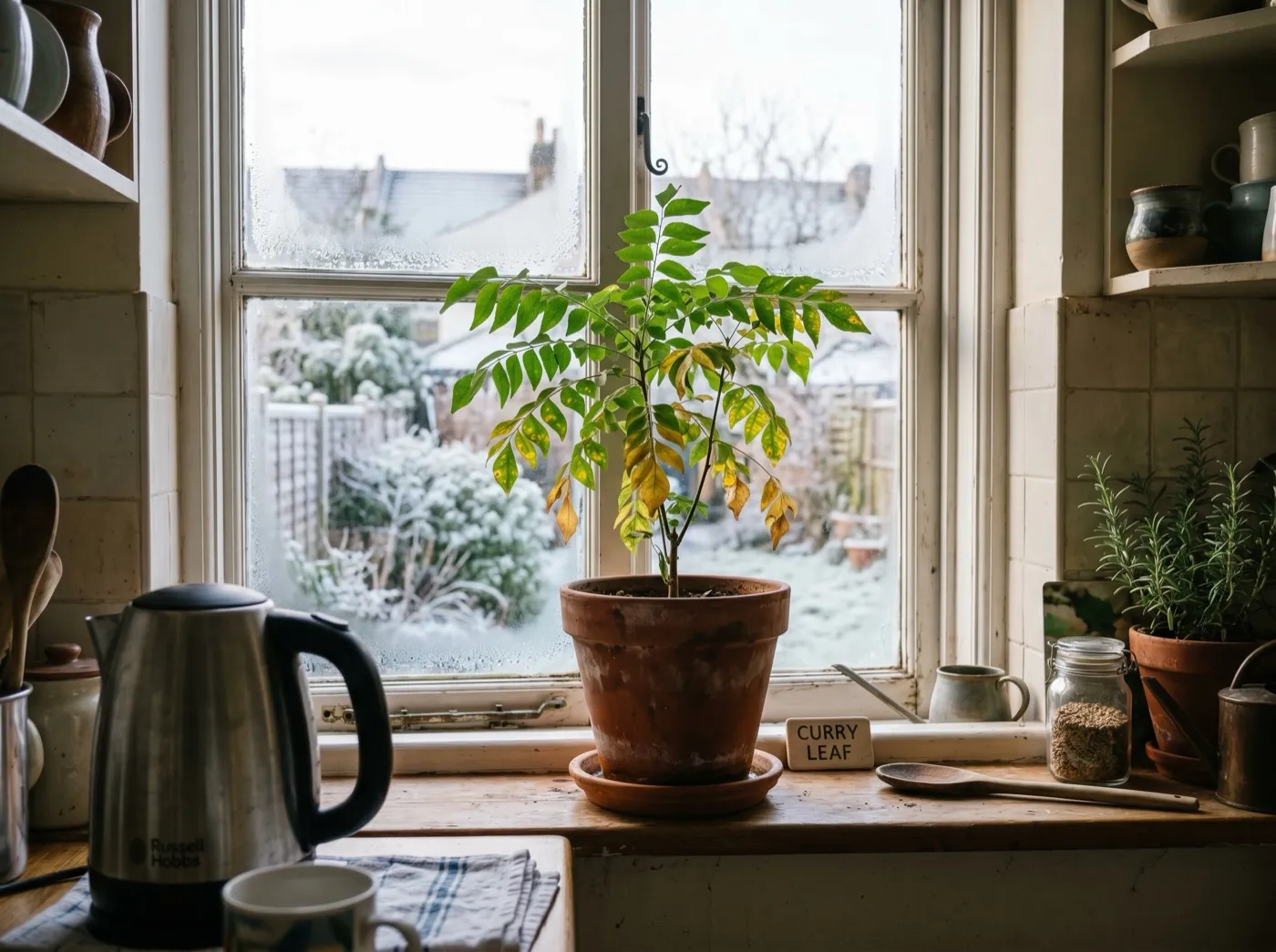 Curry leaf plant overwintering in a terracotta pot on a bright kitchen windowsill with frost outside