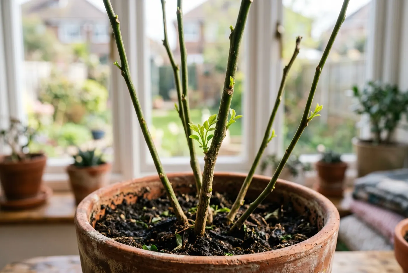 Bare green curry leaf plant stems in winter with new shoots emerging from the nodes in spring