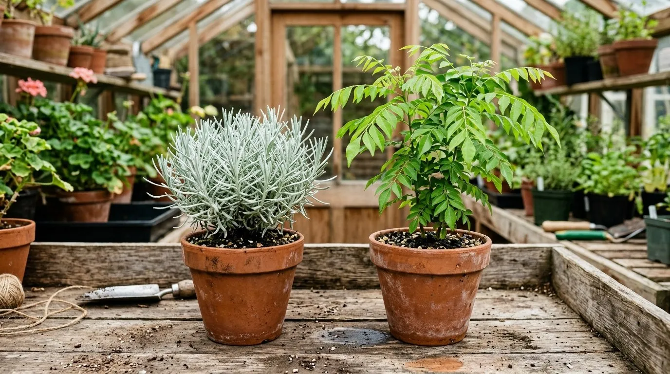 Side-by-side comparison of silver curry plant Helichrysum and green glossy curry leaf plant Murraya to show the difference