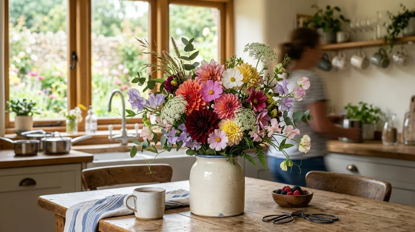 A mixed garden flower arrangement on a kitchen table