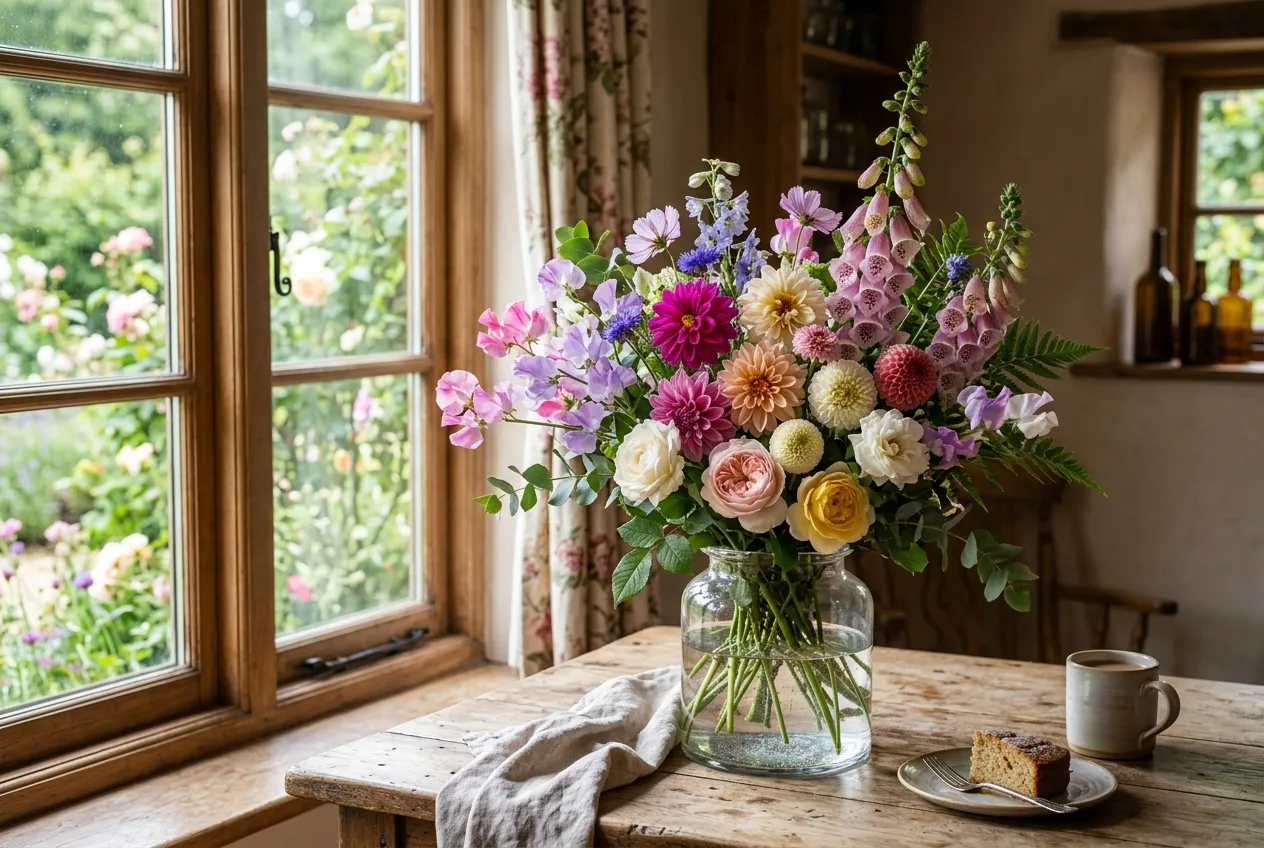 Mixed garden flower arrangement in a clear glass vase on a country cottage table