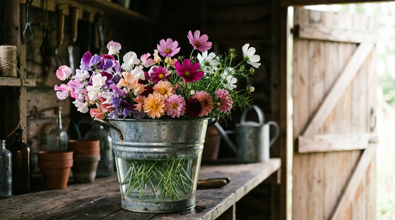 Freshly cut garden flowers being conditioned in a bucket of water