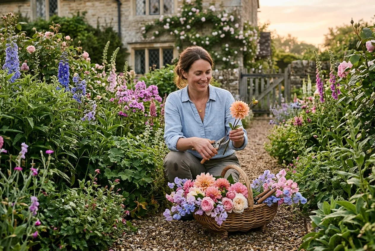 Harvesting cut flowers at dawn in an English cottage garden with a wicker trug