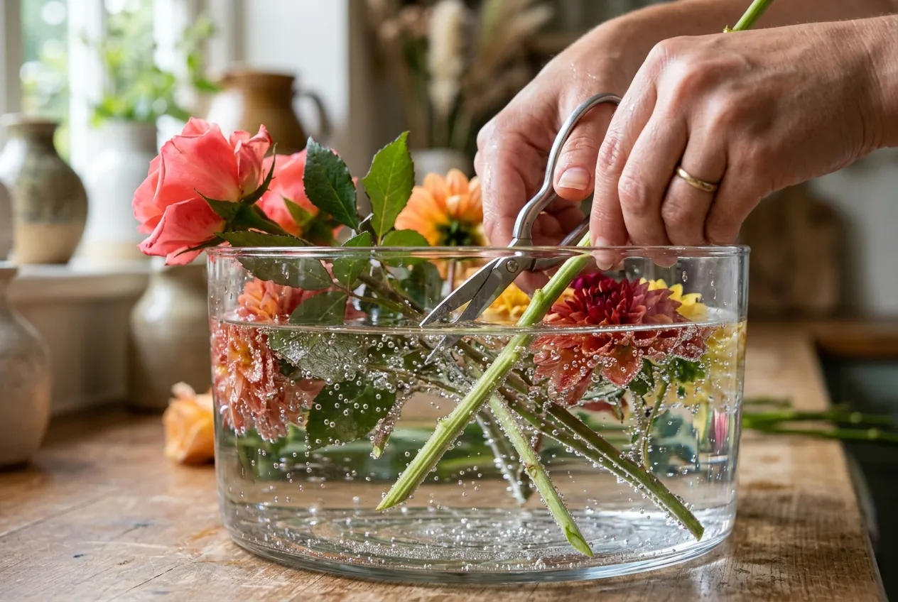 Cutting flower stems at 45 degrees underwater in a glass bowl with bubbles visible