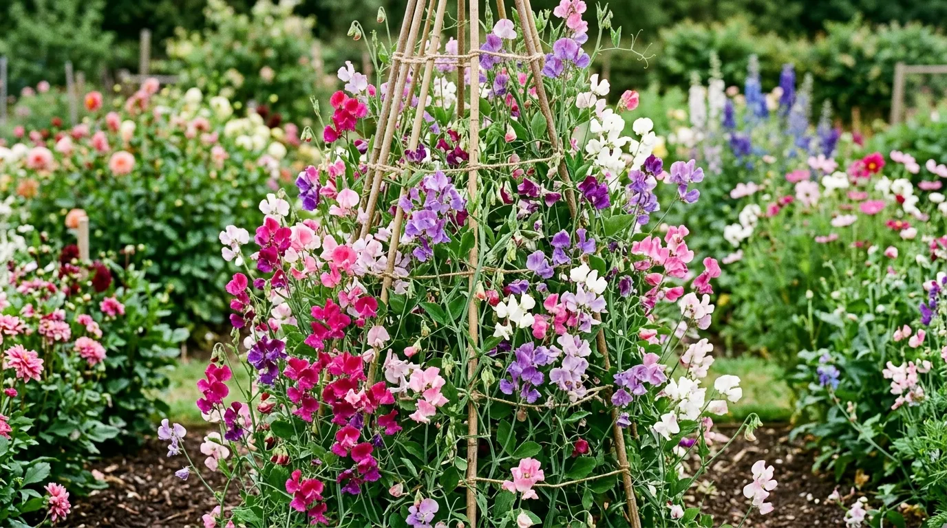Sweet peas growing on a cane wigwam in a UK cutting garden