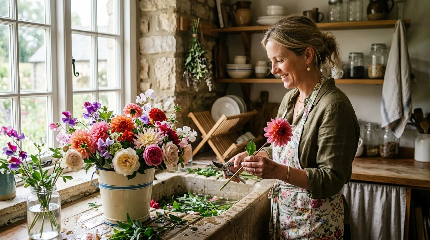 Conditioning cut flowers in a country cottage kitchen for longer vase life