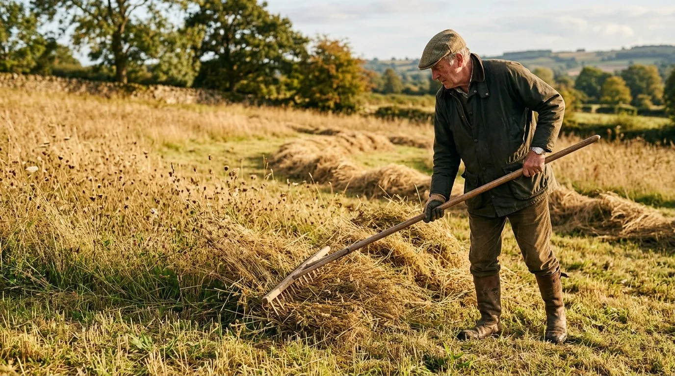 Editorial photograph of cut wildflower meadow arisings being raked off the surface with a wooden hay rake, golden brown grass and seed heads piled into windrows on a UK garden meadow