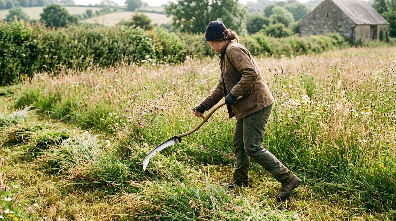 Editorial photograph of a UK wildflower meadow being cut with a curved Austrian scythe blade, mid-swing, low cutting height showing 8cm stubble and meadow grasses falling in a clean windrow