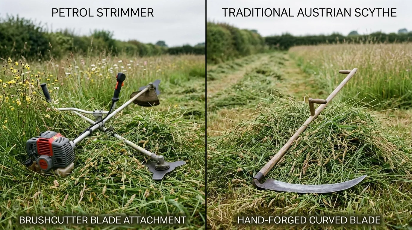 Editorial split comparison photograph of two UK wildflower meadow cutting tools side by side, on the left a petrol strimmer with brushcutter blade attachment, on the right a traditional Austrian scythe with curved blade, both resting on freshly cut meadow grass