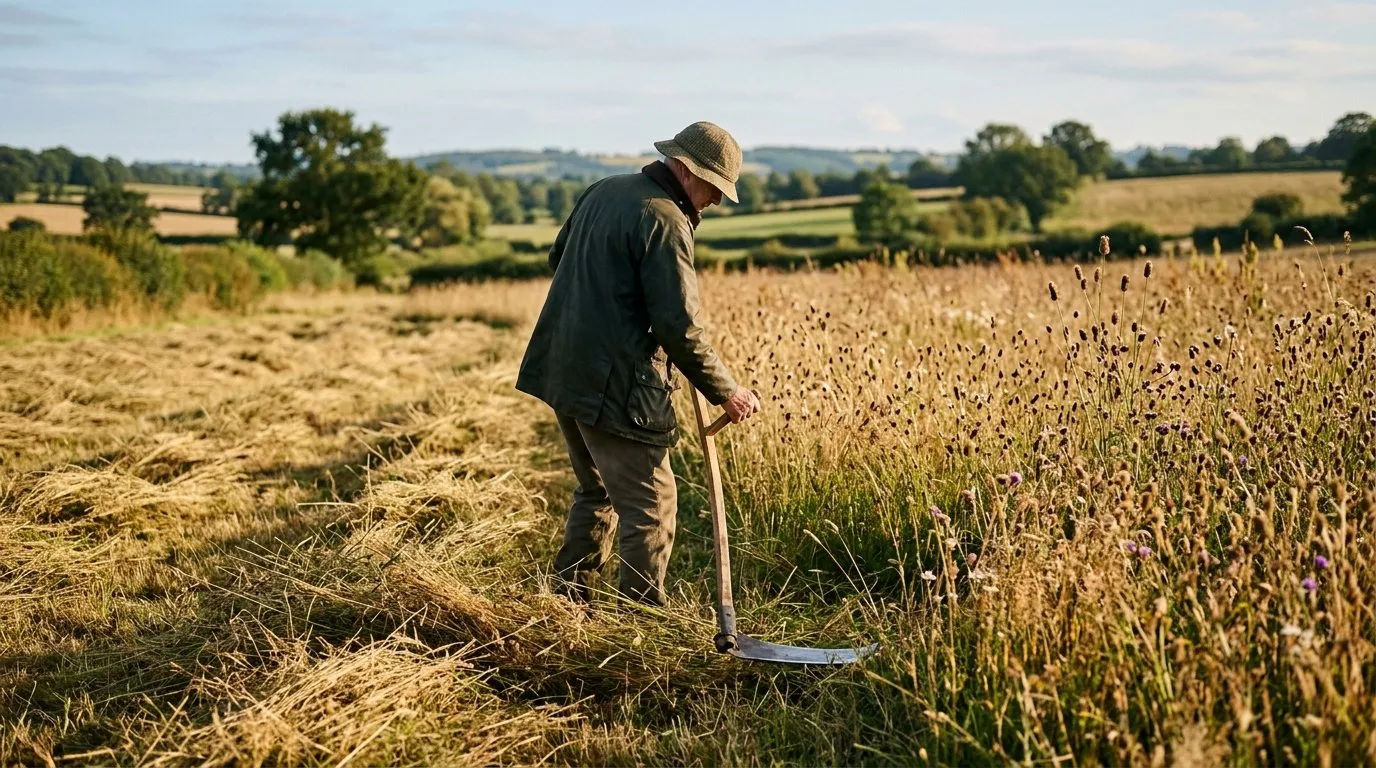 When to cut wildflower meadow UK shown by a half-cut Staffordshire garden meadow in late August with golden windrows of arisings on freshly cut 8cm stubble