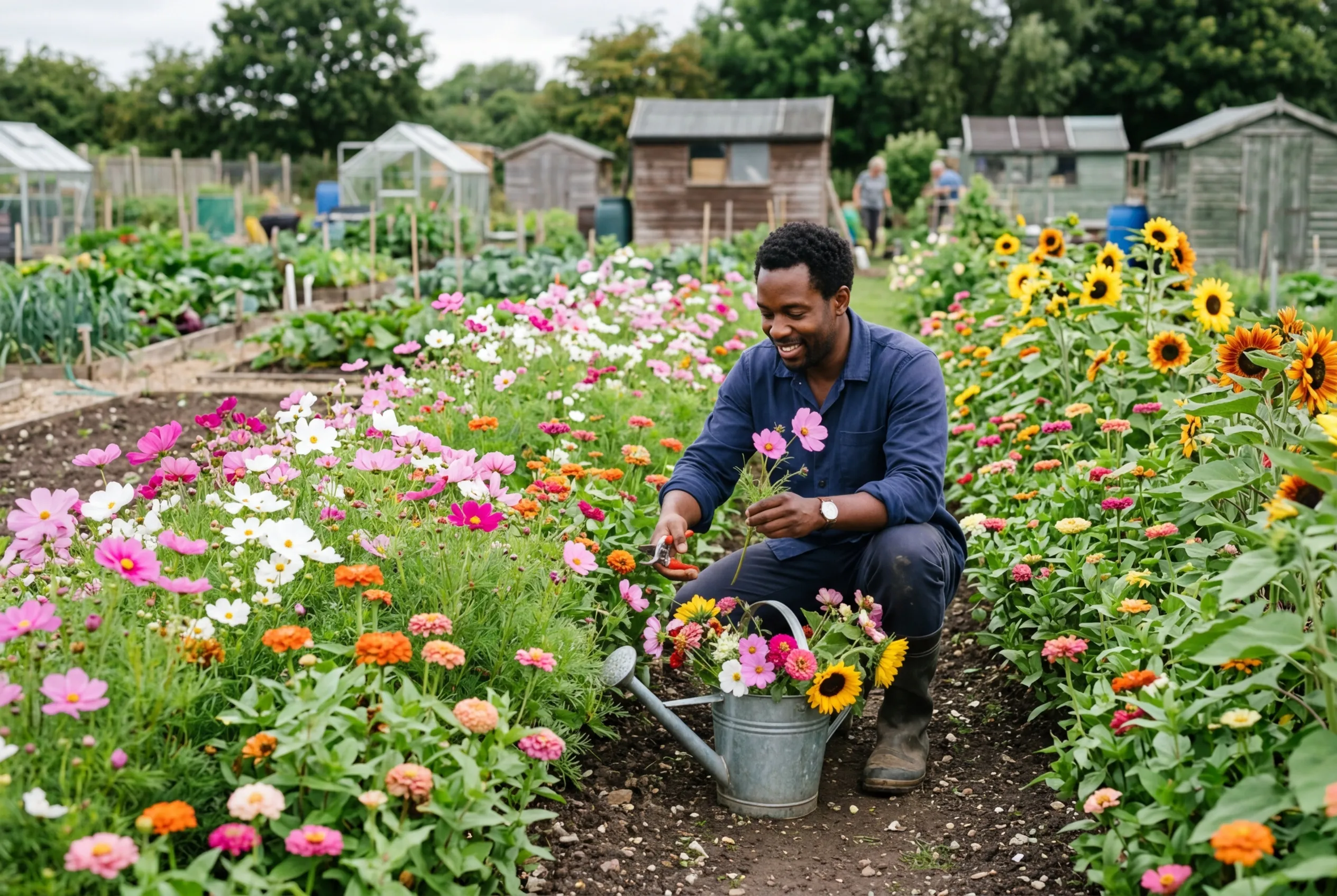 Best flowers for cutting UK growing in an allotment cutting garden with cosmos zinnias and sunflowers