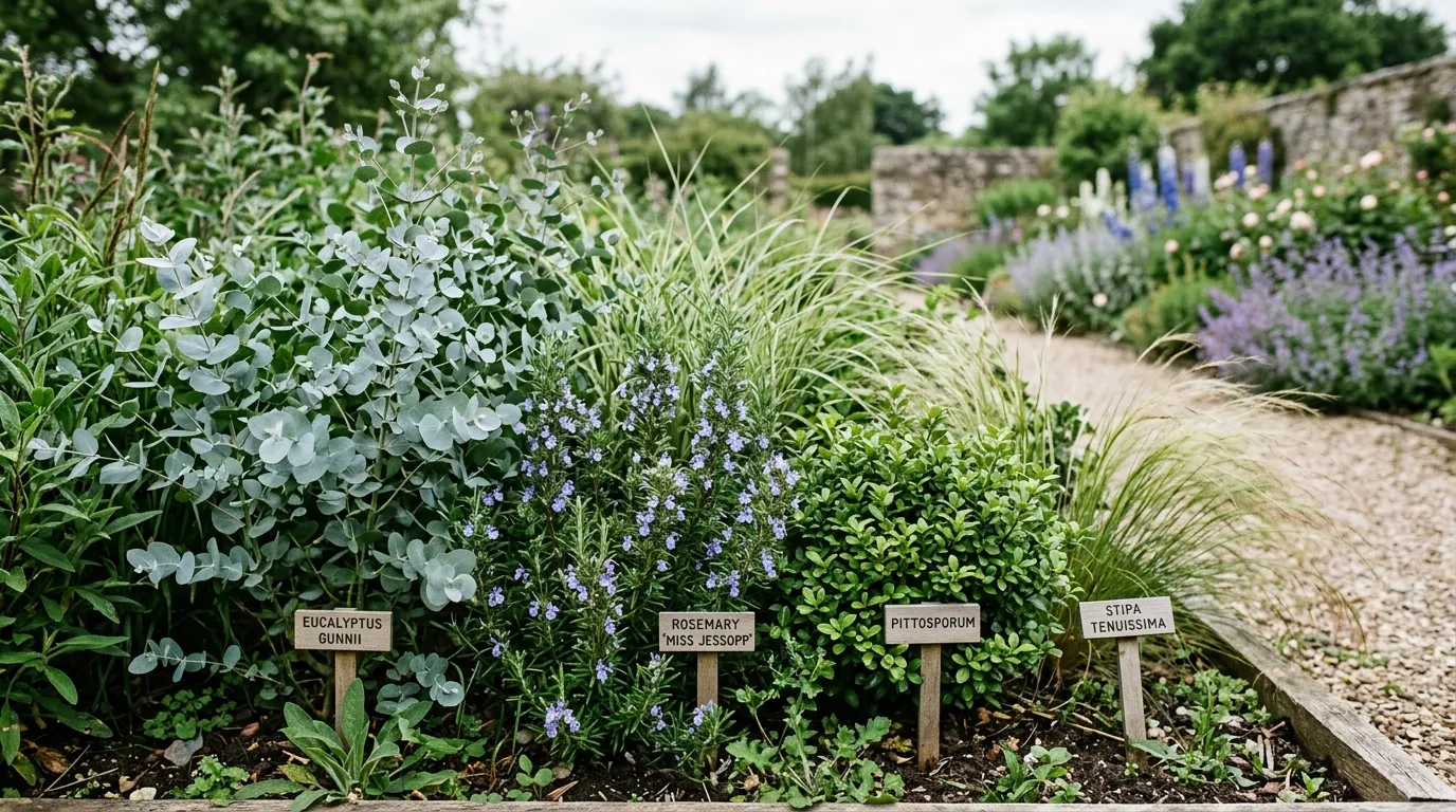 Foliage fillers for a cutting garden including eucalyptus and rosemary in a UK garden border
