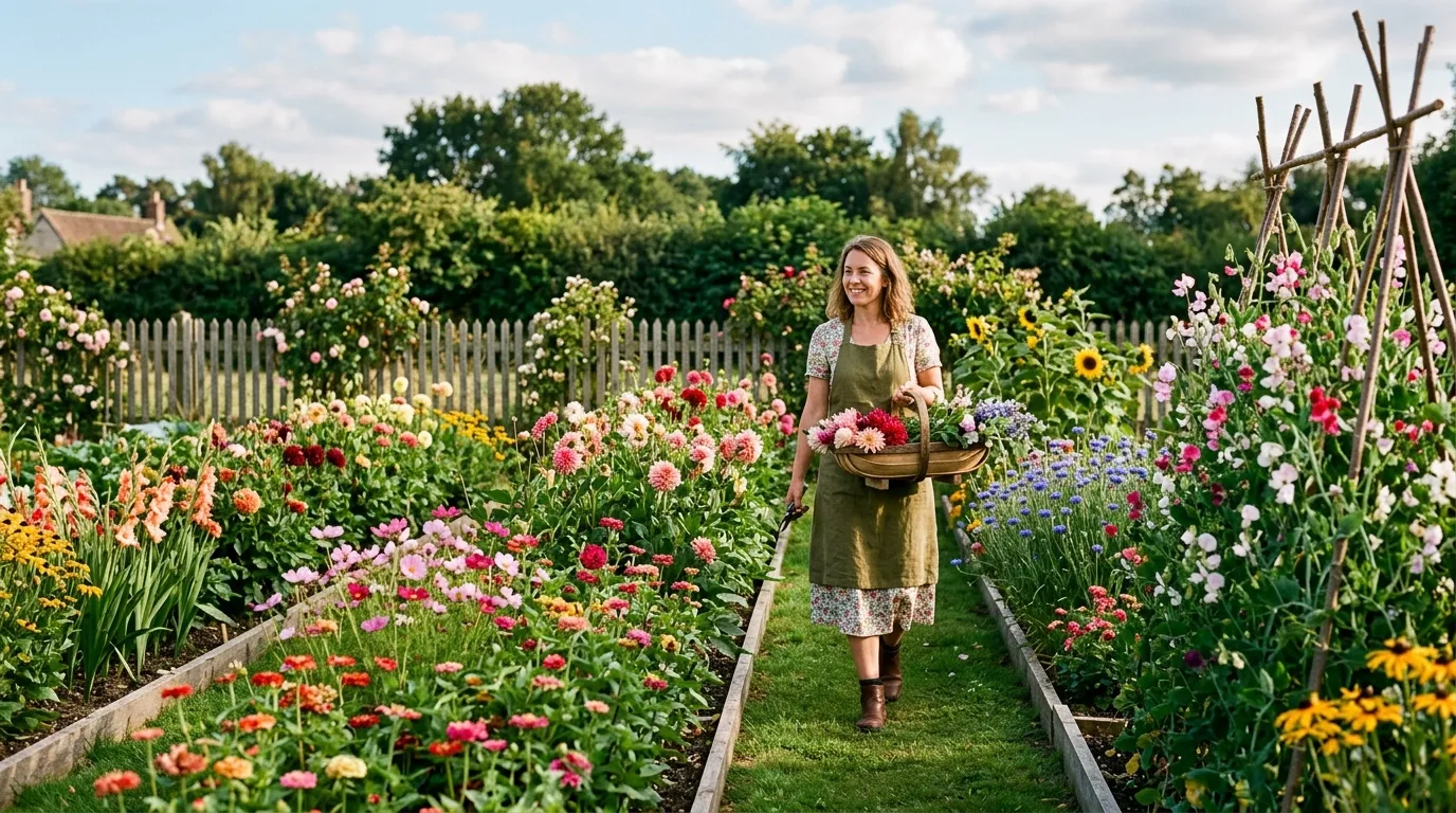 Cutting garden layout with neat rows of flowers in a structured UK garden bed