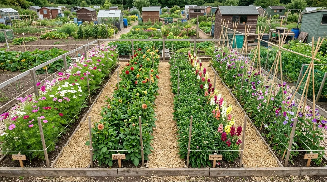 A neatly laid out cutting garden with rows of flowers in a sunny UK allotment