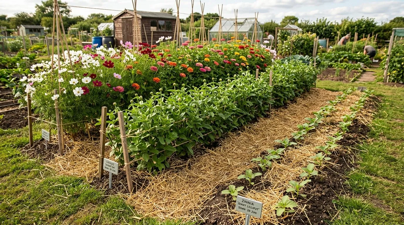 Succession sown rows of cosmos and zinnias at different growth stages in a UK cutting garden