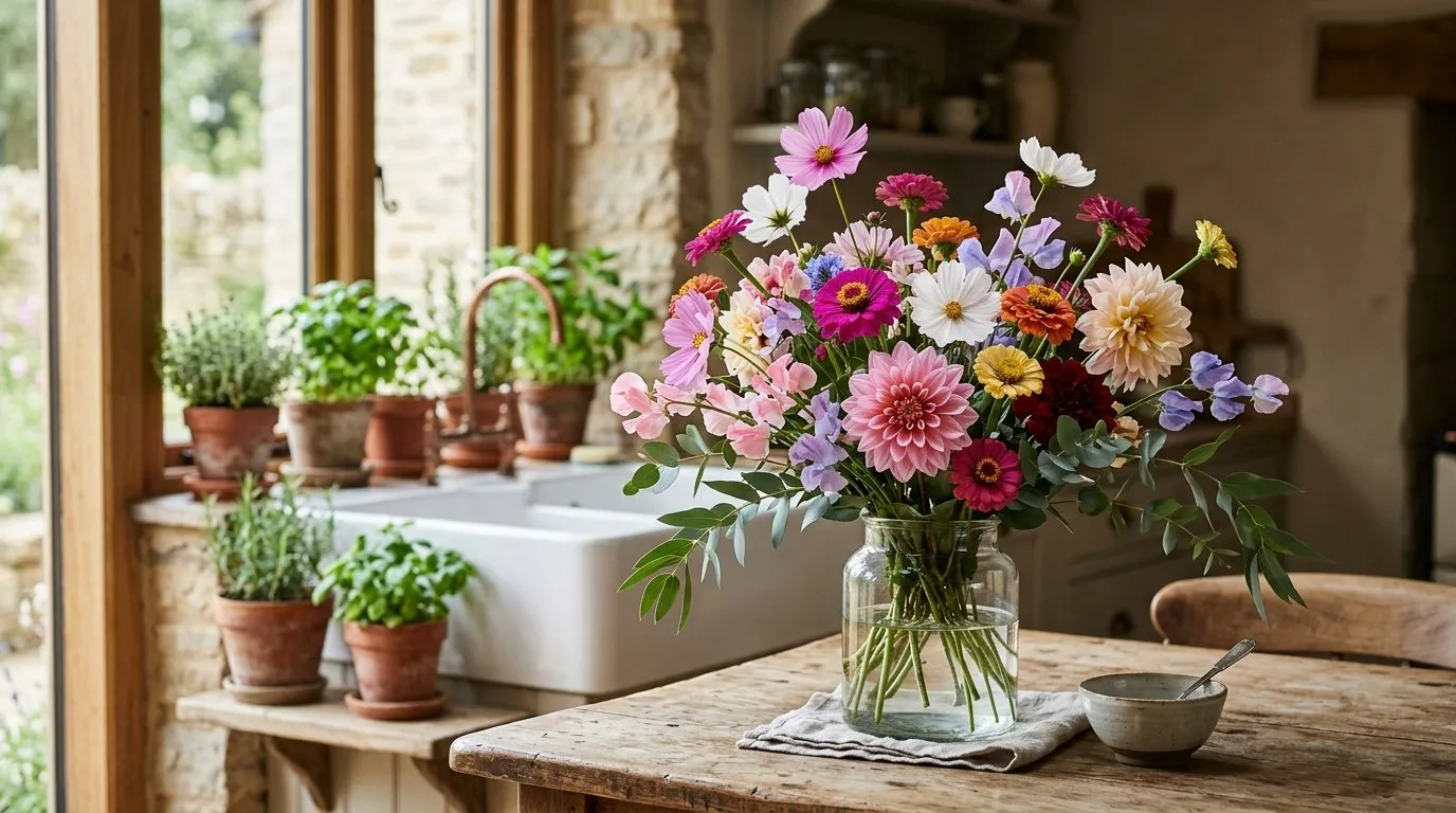 Close-up of freshly picked cosmos sweet peas and zinnias arranged in a glass vase on a kitchen table