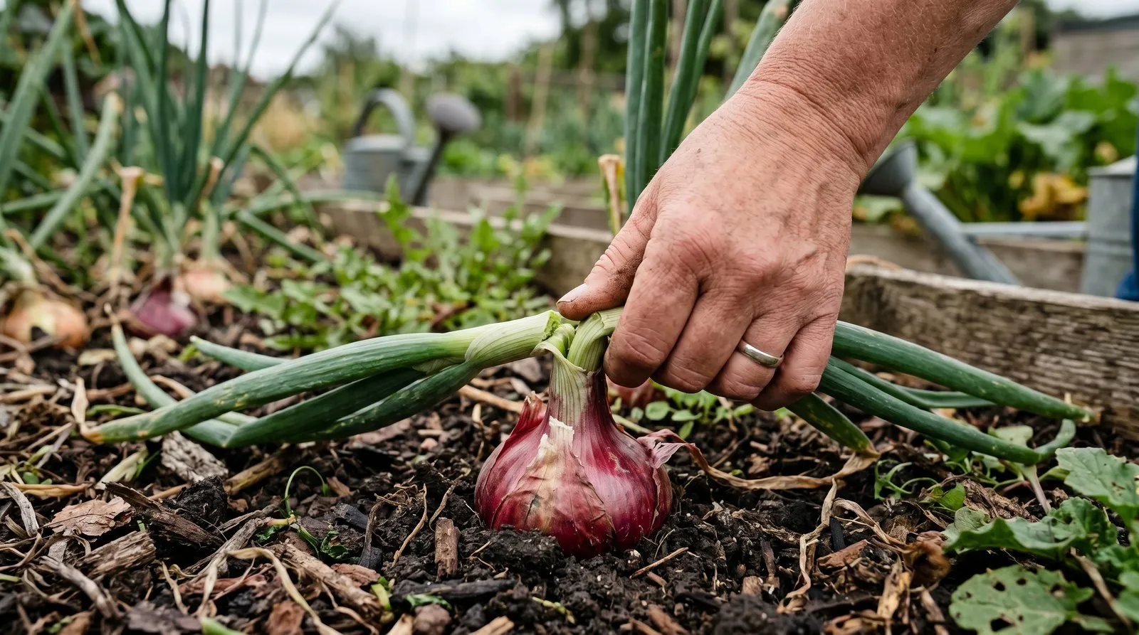 A gardener's hand snapping out the soft green flower stalk from a bolting onion at the neck of the bulb