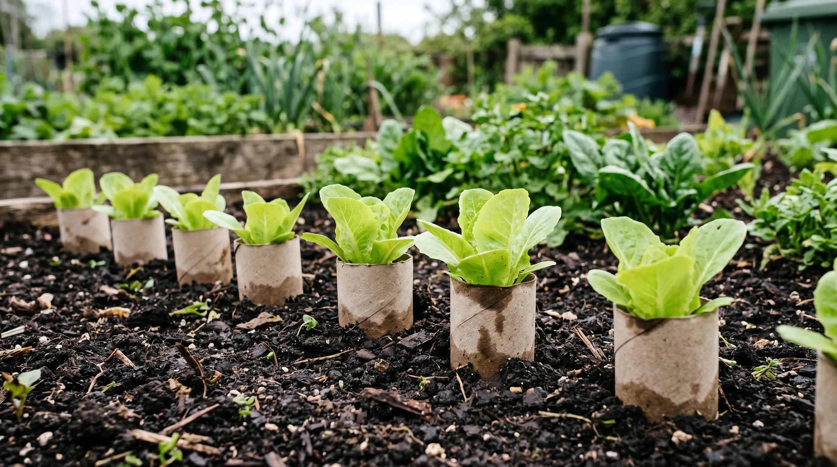UK gardener fitting cardboard collar around new lettuce seedling at transplanting in May to prevent cutworm damage