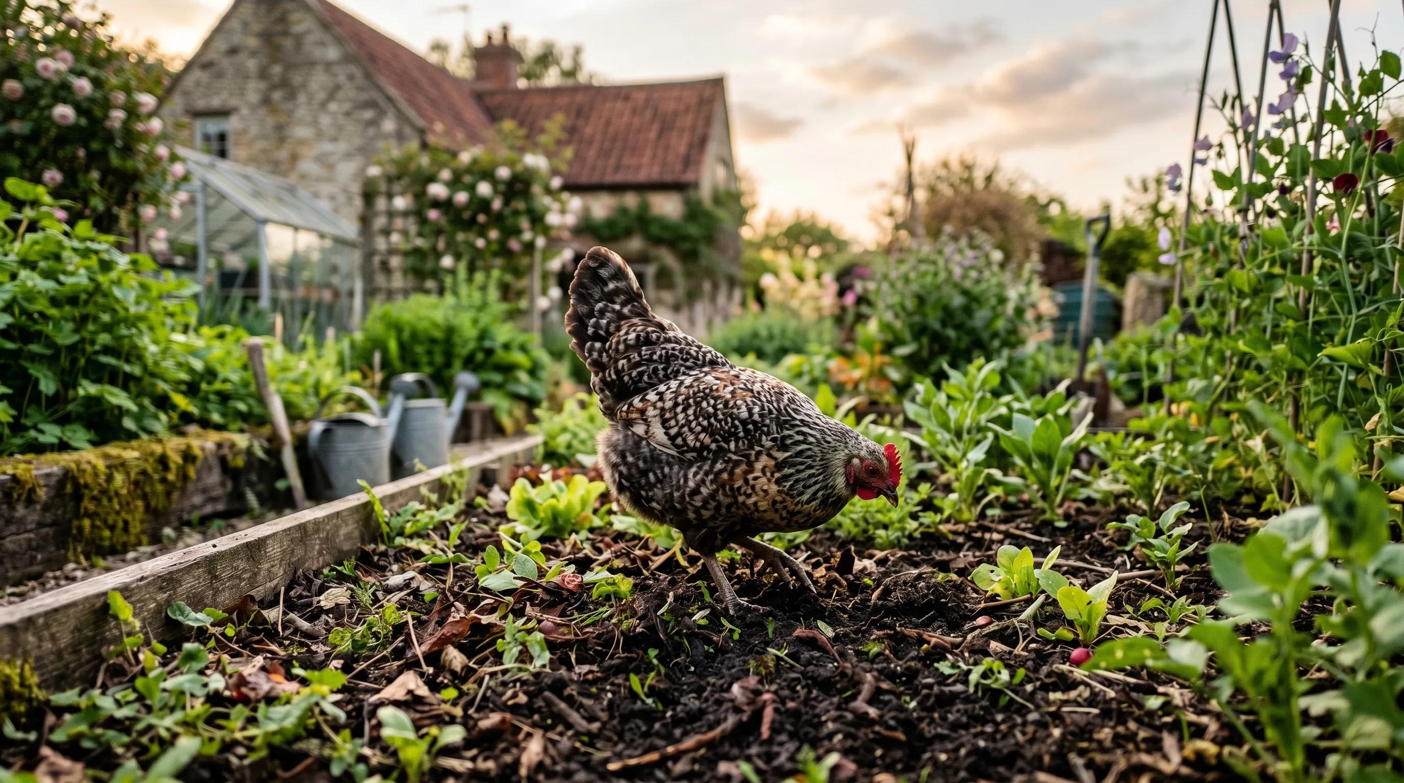Free range bantam chicken on UK kitchen garden bed eating cutworms at dusk in May
