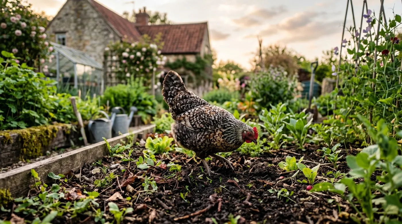 Free range bantam chicken on UK kitchen garden bed eating cutworms at dusk in May