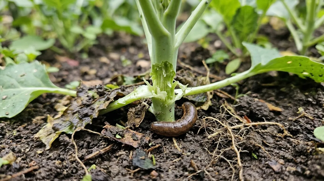 Close-up showing cutworm identification control on UK garden plant for identification