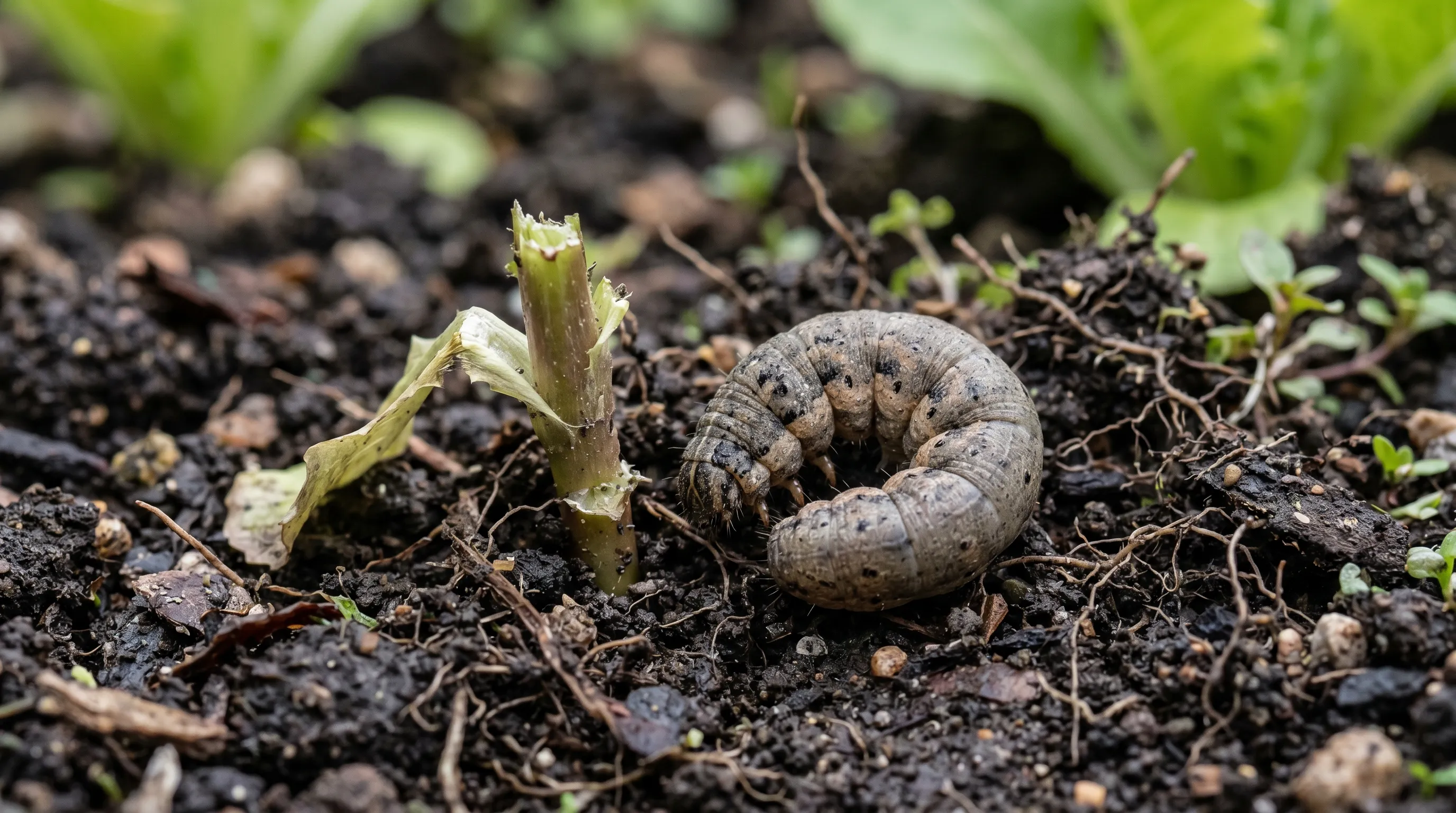 Cutworm caterpillar curled in soil at base of severed UK lettuce seedling stem in a kitchen garden bed